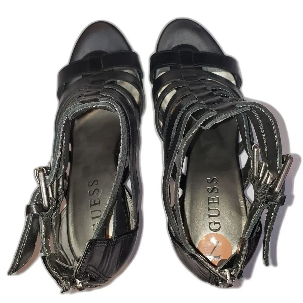 GUESS Black Leather Strappy Cage Buckle High Heel Bootie Shoes Womens Size 7